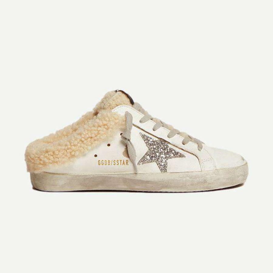 Womens * | Golden Goose Womens Super-Star Sabot Leather Upper Glitter Star Shearling Lining