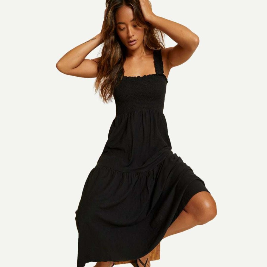 Womens * | Nation Ltd Shoshanah Smocked Dress Jet Black Womens