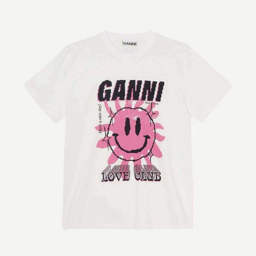 Tee & Tanks * | Ganni Basic Jersey Sun Love Print Relaxed T-Shirt Bright White