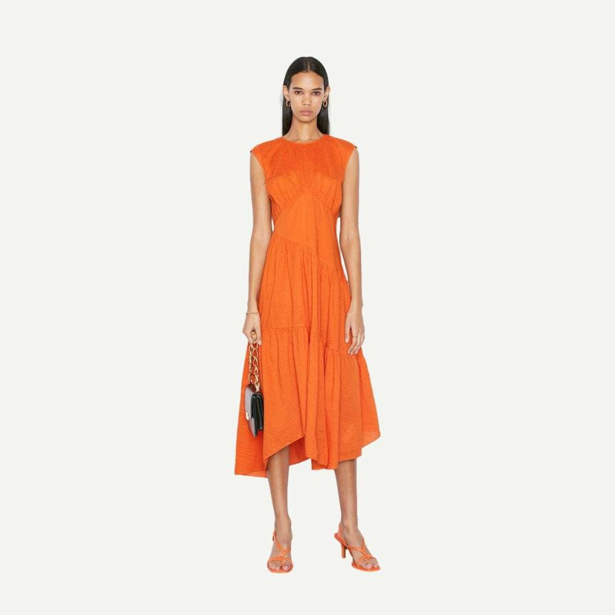 Womens * | Frame Denim Gathered Seam Dress Orange Crush Womens