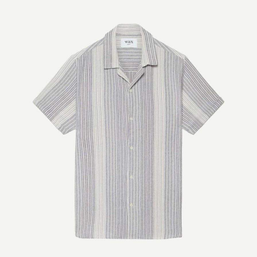 Mens * | Wax London Mens Didcot Shirt Crinkle Stripe Cotton Navy Ecru