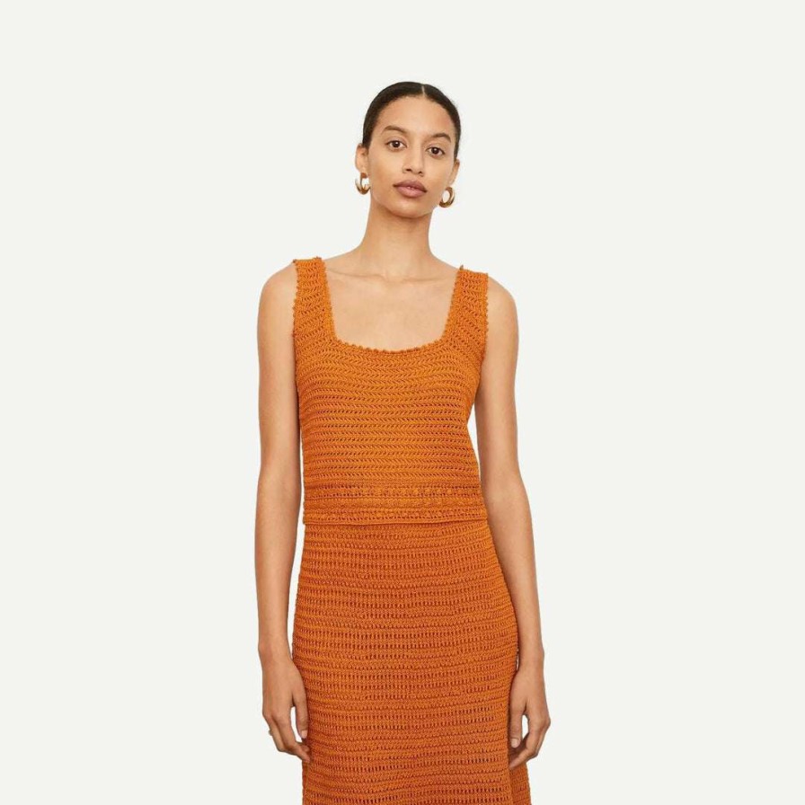 Tee & Tanks * | Vince Womens Crochet Square Neck Knit Camisole Burnt Orange