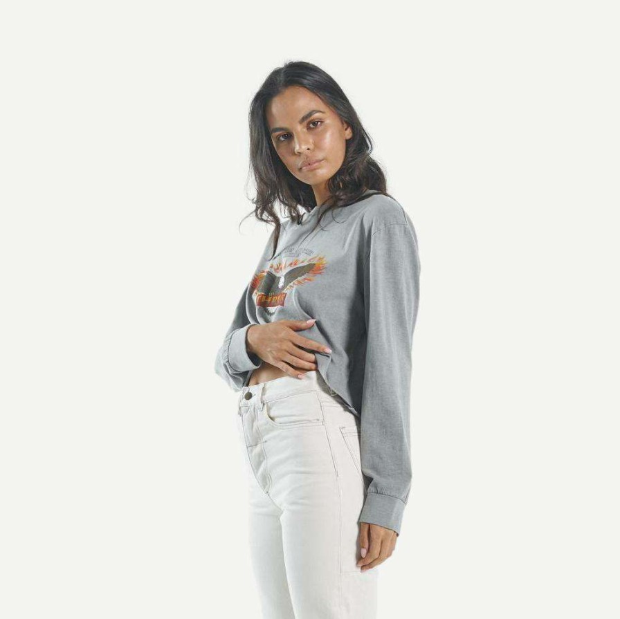 Tee & Tanks * | Thrills Womens Wings Of Fire Crop Ls Merch Fit Tee Washed Grey