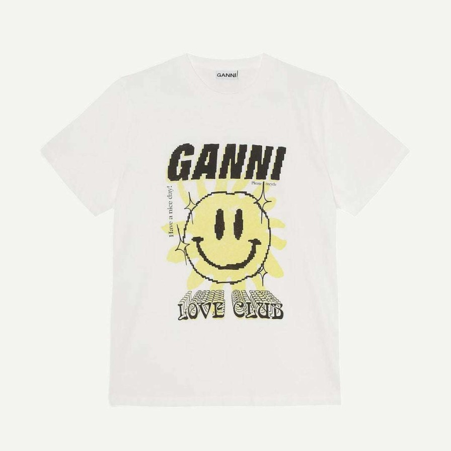 Tee & Tanks * | Ganni Light Jersey Sun Love Print Relaxed T-Shirt Bright White Tee & Tanks