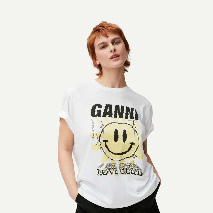 Tee & Tanks * | Ganni Light Jersey Sun Love Print Relaxed T-Shirt Bright White Tee & Tanks