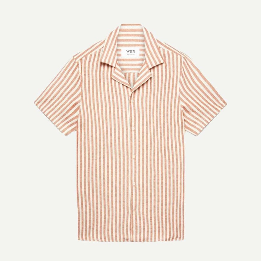 Mens * | Wax London Didcot Shirt Thick Stretch Stripe Rust/Ecru Mens