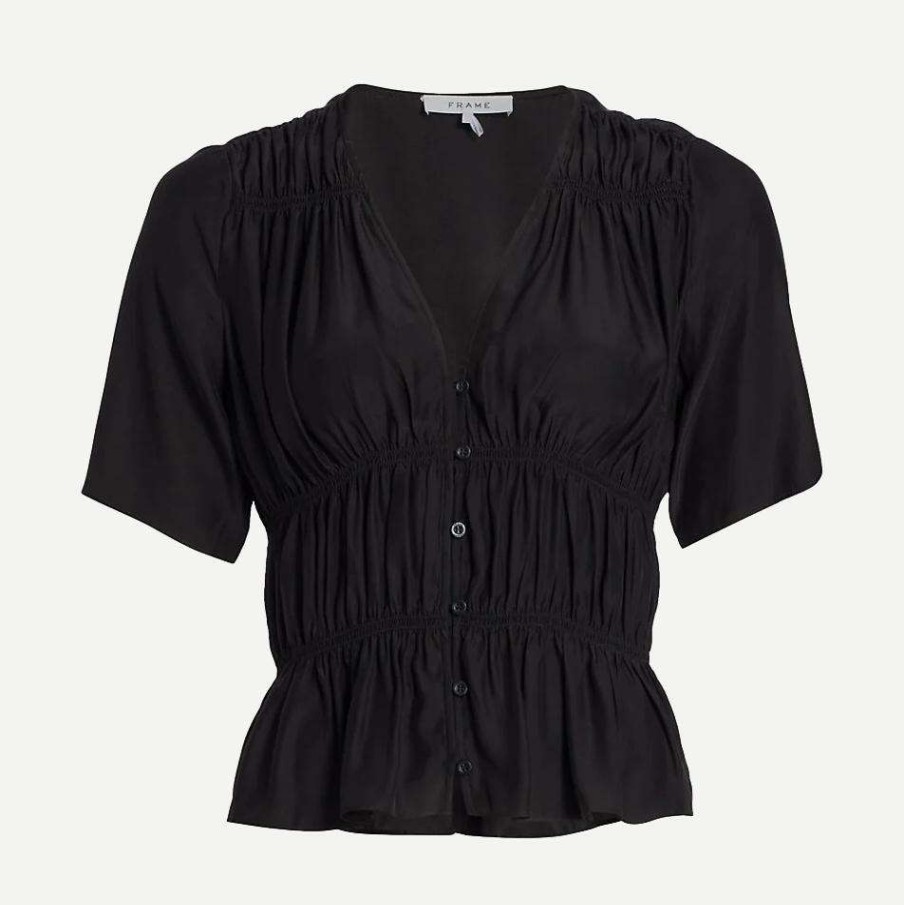 Womens * | Frame Denim Ruched V-Neck S/S Blouse Noir