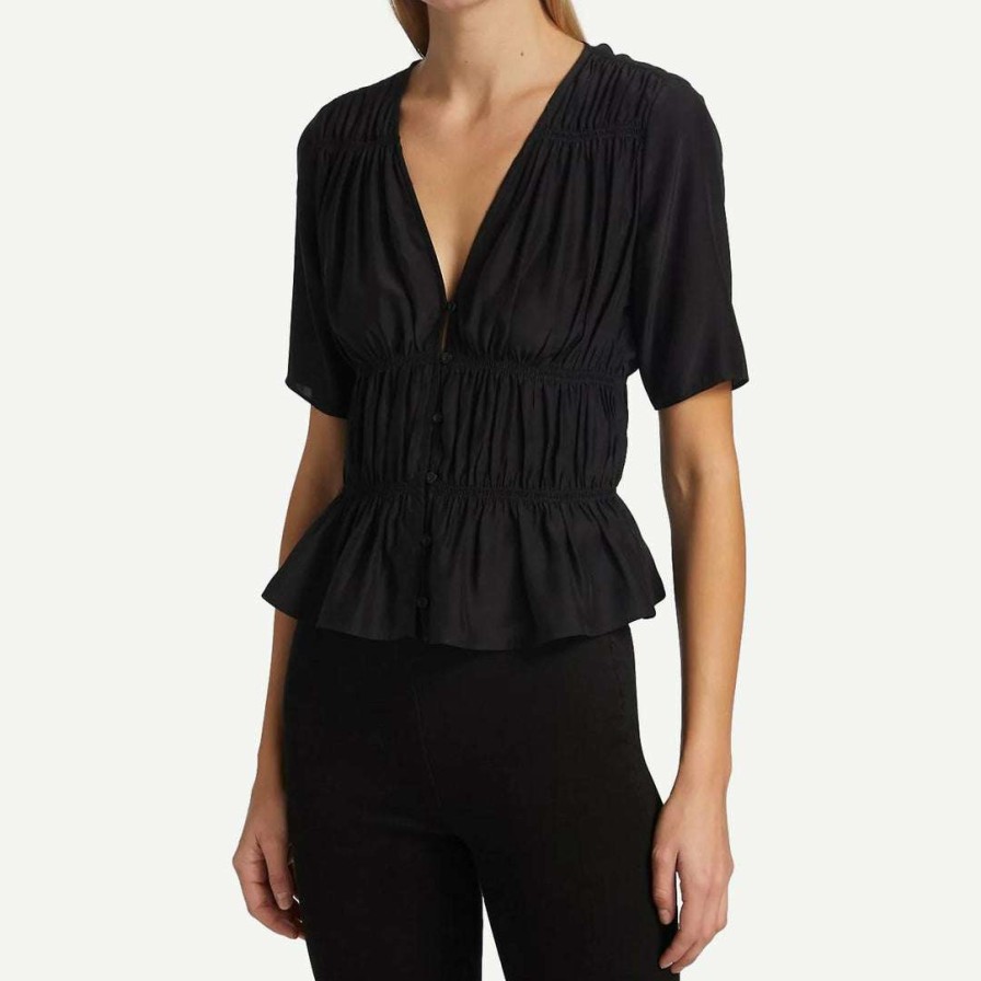 Womens * | Frame Denim Ruched V-Neck S/S Blouse Noir