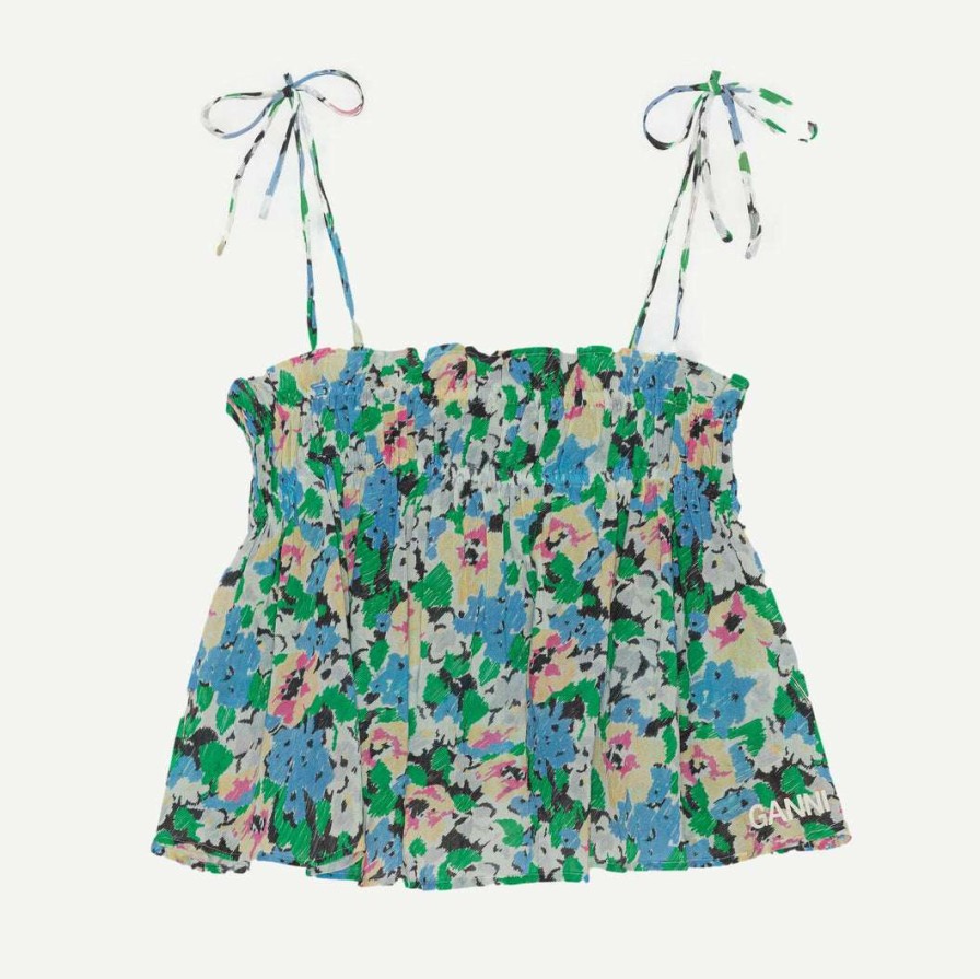 Tee & Tanks * | Ganni Womens Light Cotton Tieband Strap Top Floral Azure Blue