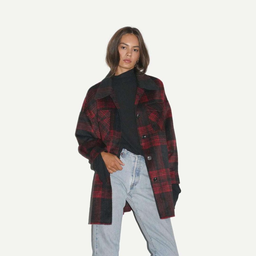 Womens * | Lna Oversized Plaid Jacket Black Red Womens