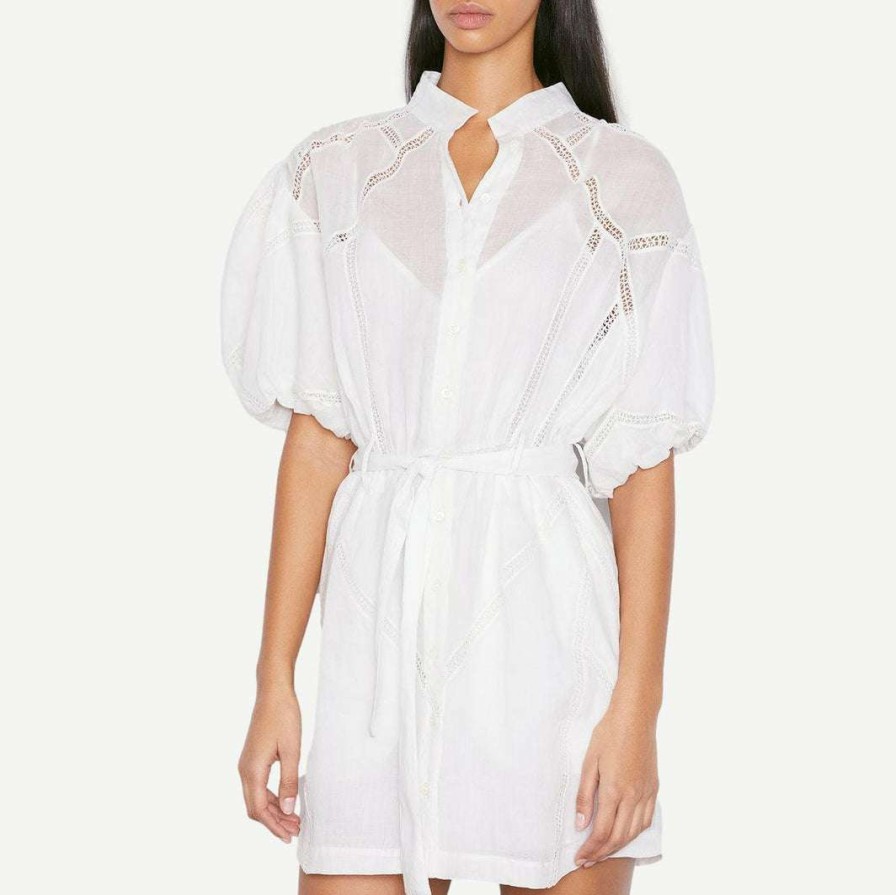 Womens * | Frame Denim Inset Lace Puff Sleeve Dress Blanc