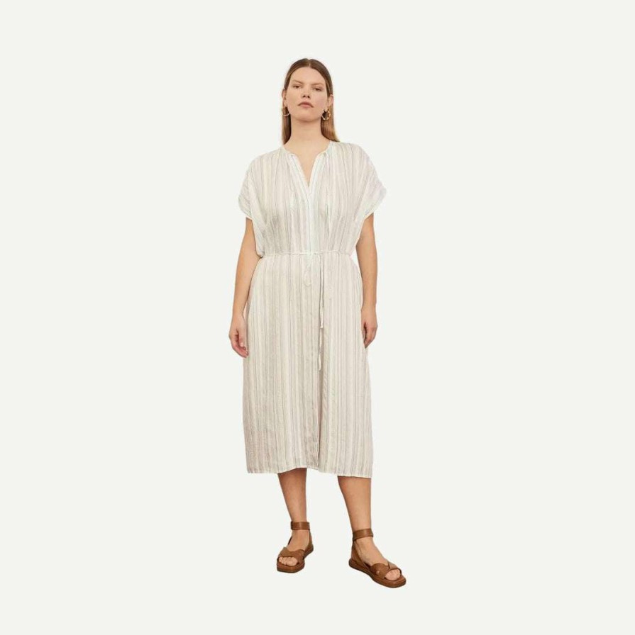 Womens * | Vince Womens Short Sleeve Drapey Stripe Shirred Dress Coastal/Sandshell