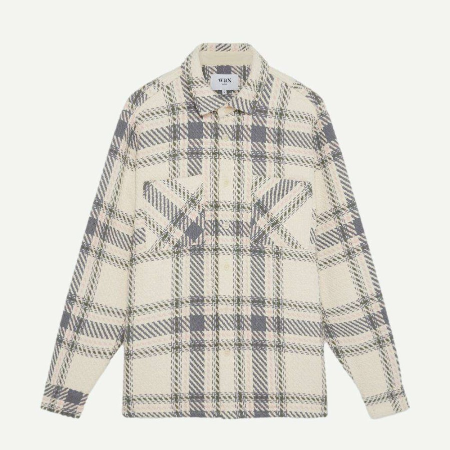 Mens * | Wax London Mens Whiting Overshirt Dag Windowpane Twill Ecru/Olive