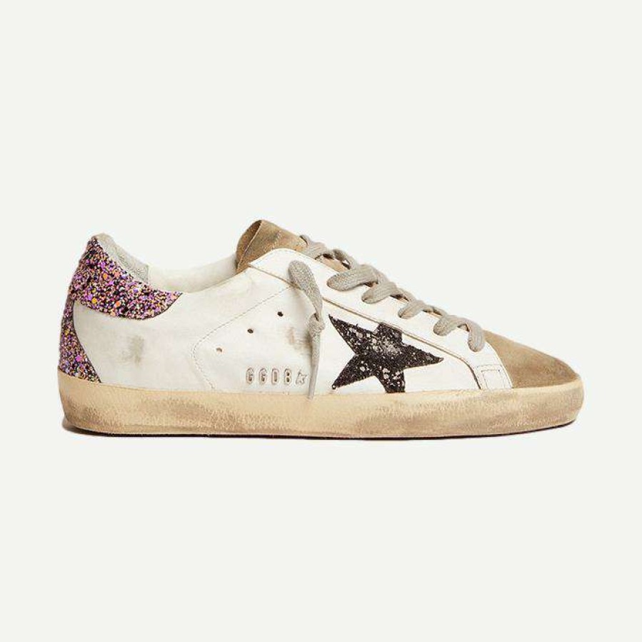 Womens * | Golden Goose Super-Star Leather Upper Suede Toe Glitter Star Heel And Spur Metal Lettering