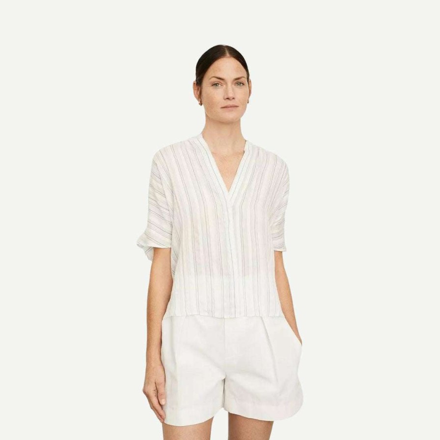 Womens * | Vince Short Sleeve Drapey Striped Shirred Blouse Off White