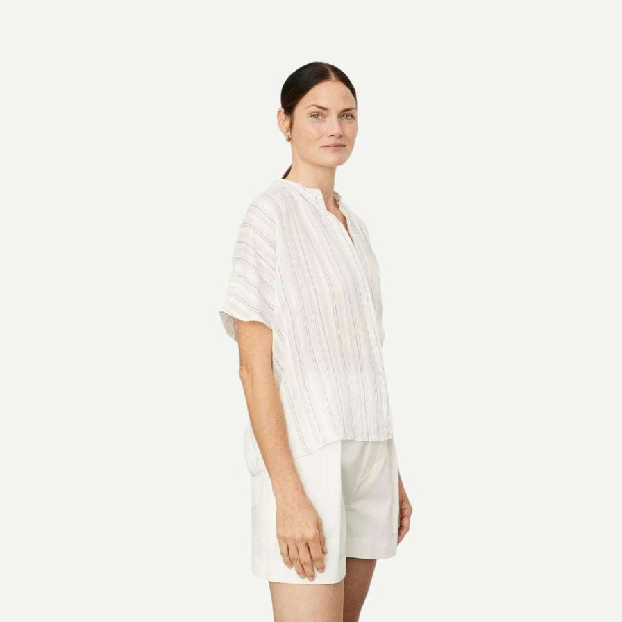 Womens * | Vince Short Sleeve Drapey Striped Shirred Blouse Off White