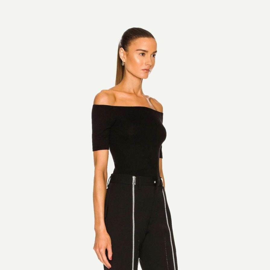 Tee & Tanks * | Enza Costa Womens Stretch Silk Knit Half Sleeve Off-Shoulder Top Black